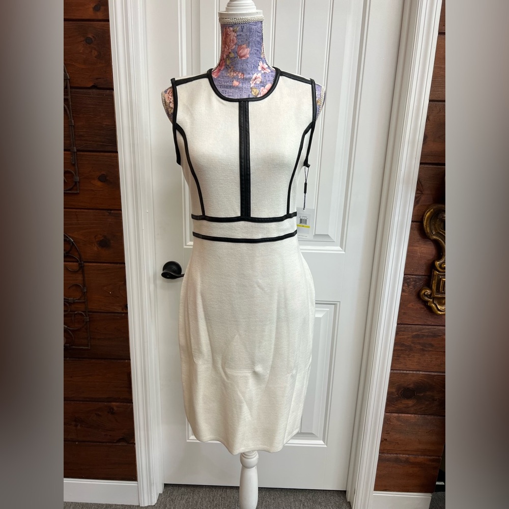Calvin Klein White Sweater Dress with Leather Accents- NWT!